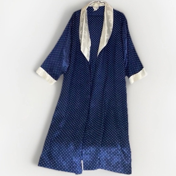 Vtg 90s Linda Bis Montreal Night Robe Women’s Sz M Silky Blue w Polka Dots Satin - Picture 1 of 7